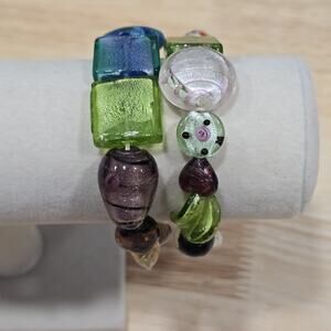 Venetian Style Murano Glass Bead Stretch Bracelet Set Multi Color Hobnail 7.5"